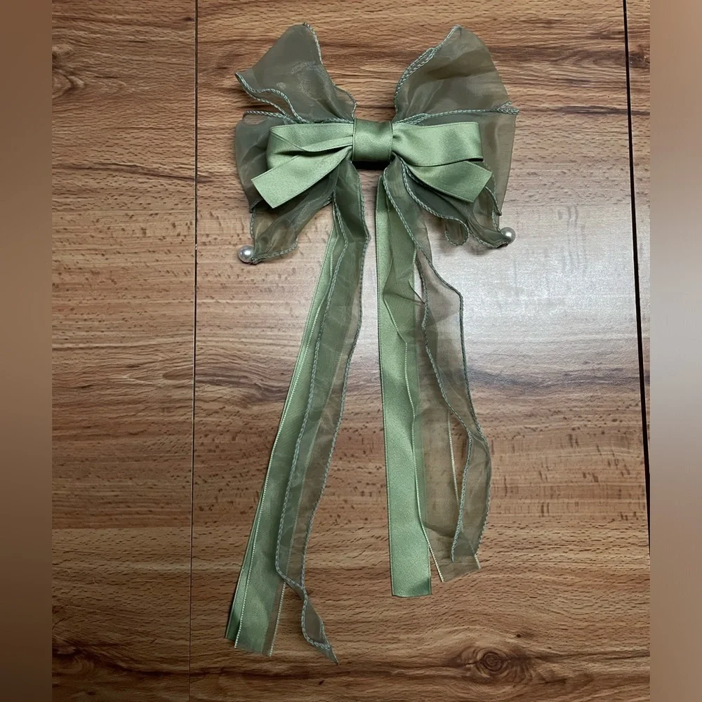 Long Oversized Green Satin Bow French Barrette Hair Clip